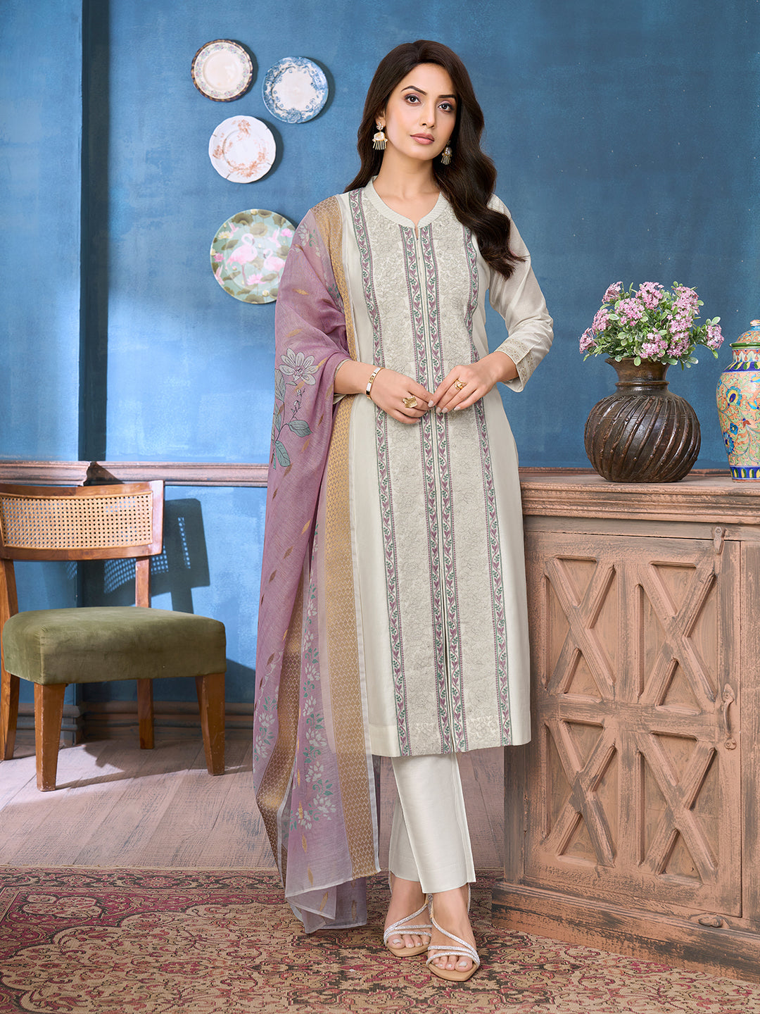 Pearl Grey Chanderi Suit Set with Dupatta