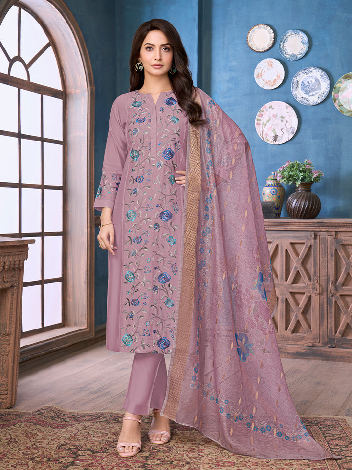Dusky Lavender Chanderi Suit Set with Dupatta