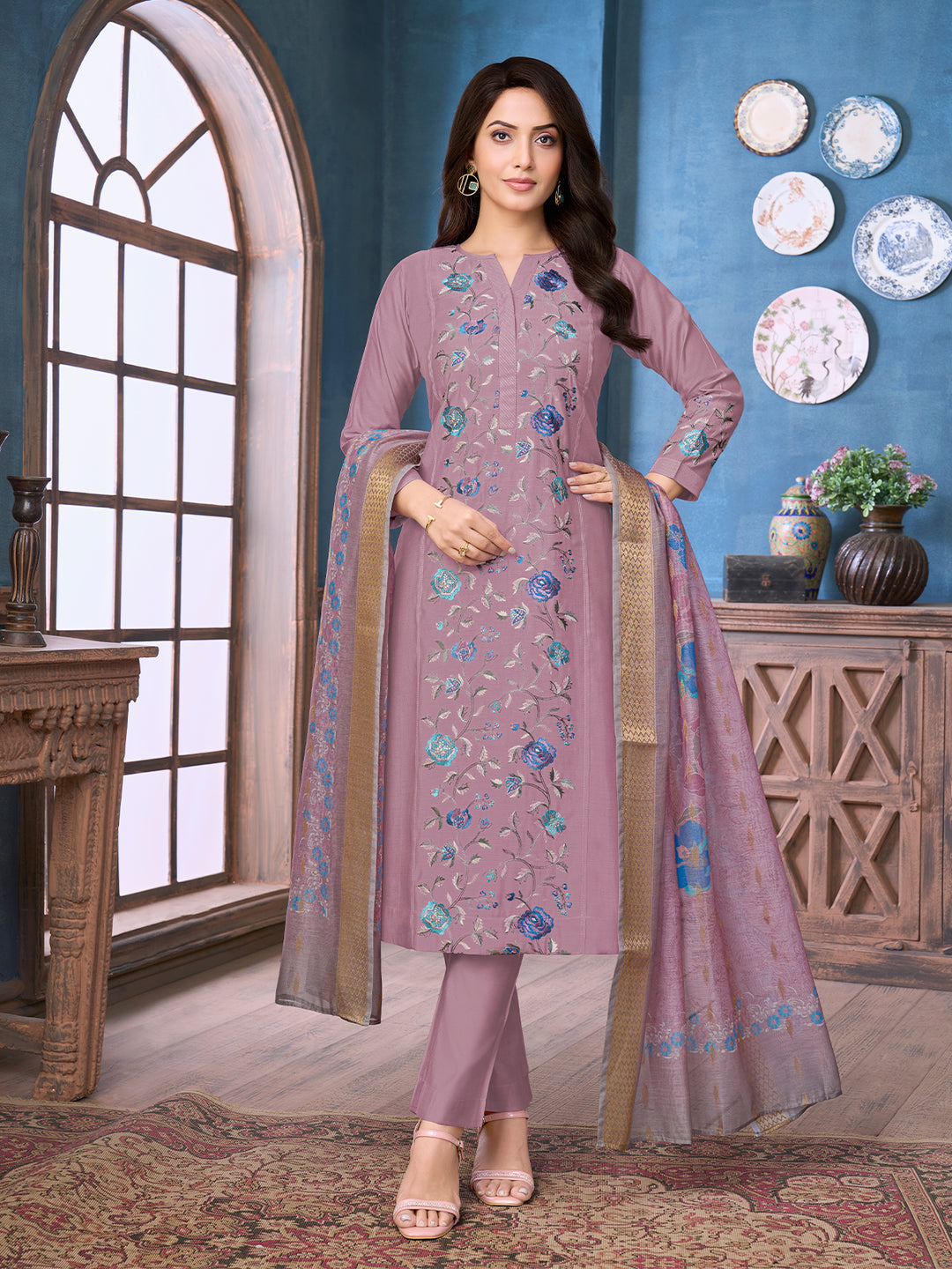 Dusky Lavender Chanderi Suit Set with Dupatta