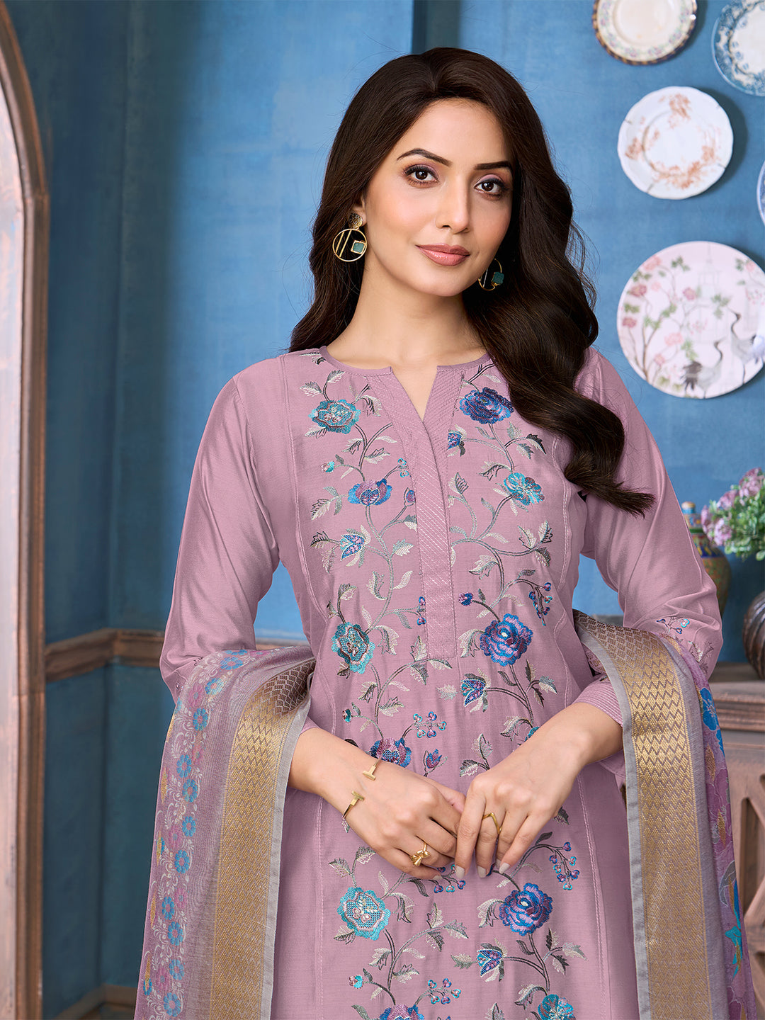 Dusky Lavender Chanderi Suit Set with Dupatta