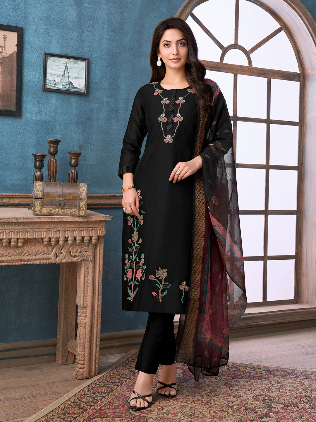 Black Chanderi Suit Set with Dupatta