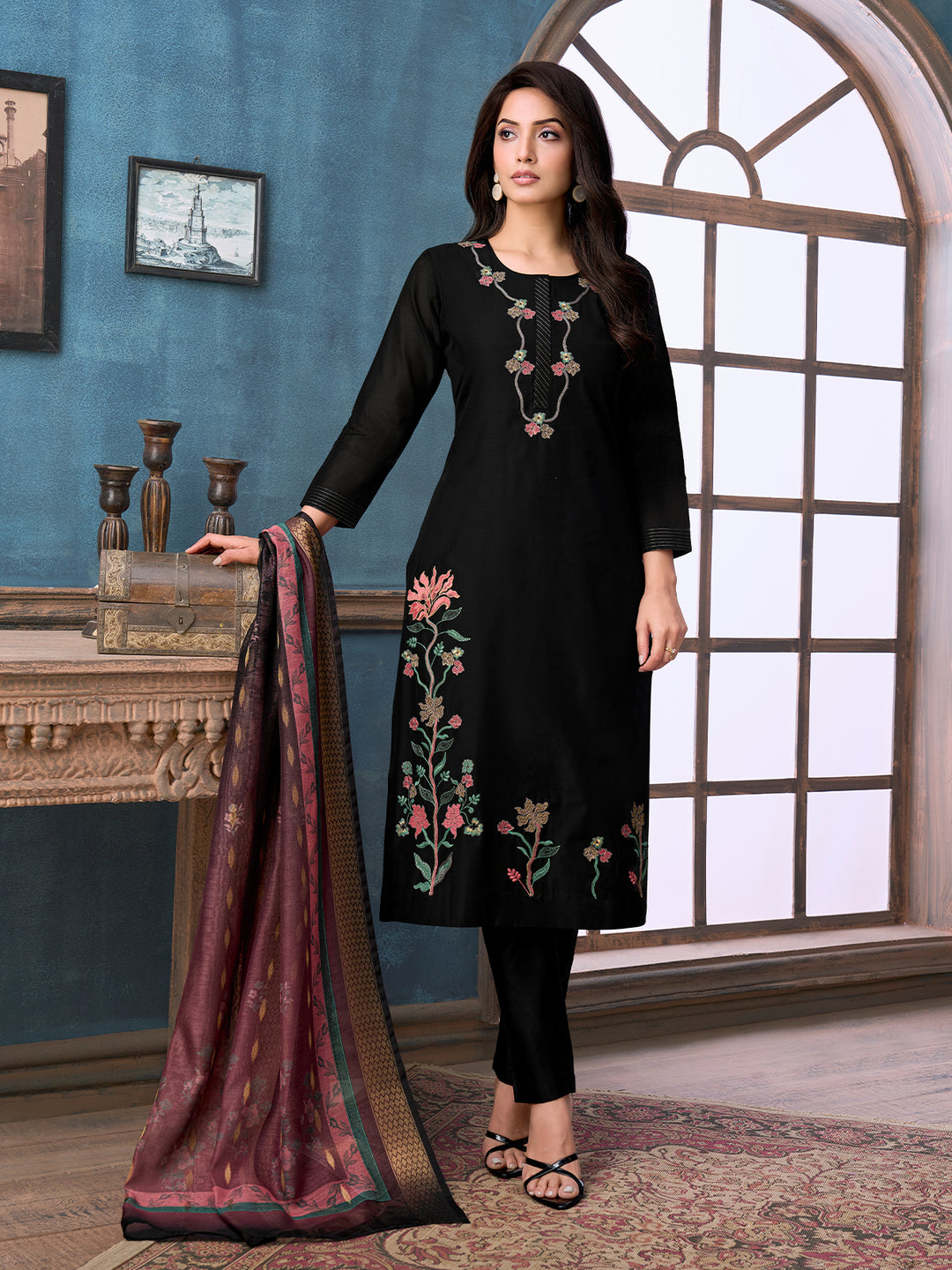 Black Chanderi Suit Set with Dupatta