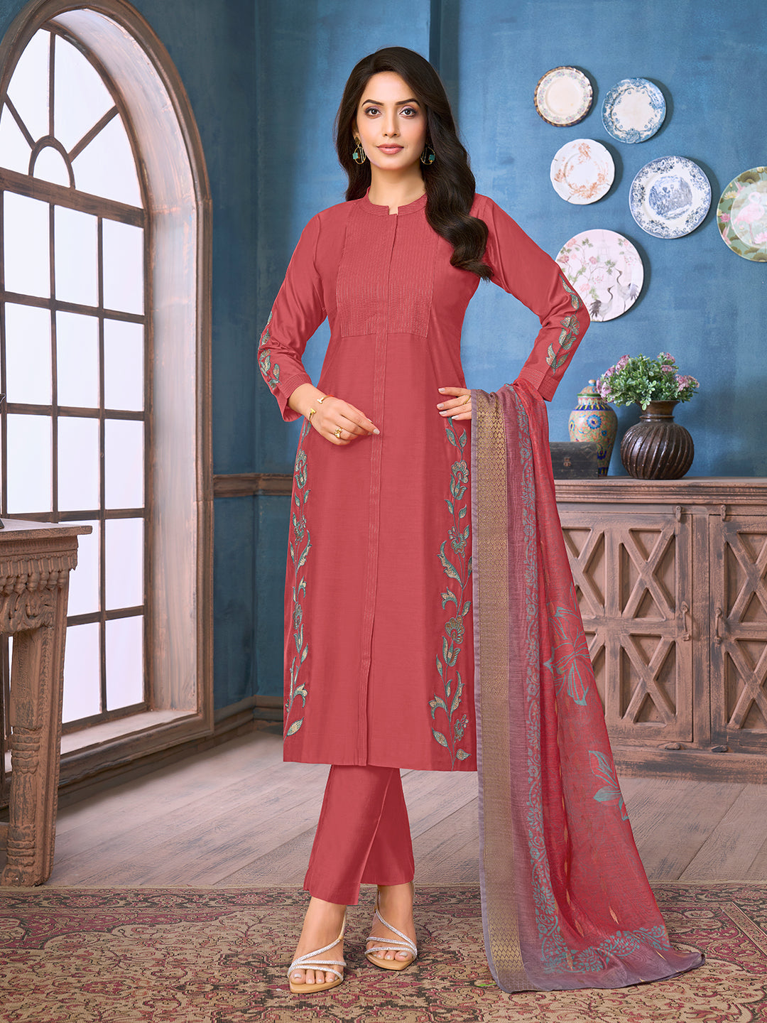Coral Chanderi Suit Set with Dupatta