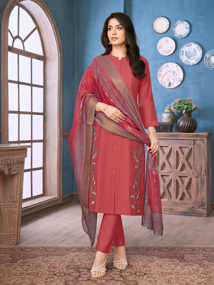 Coral Chanderi Suit Set with Dupatta
