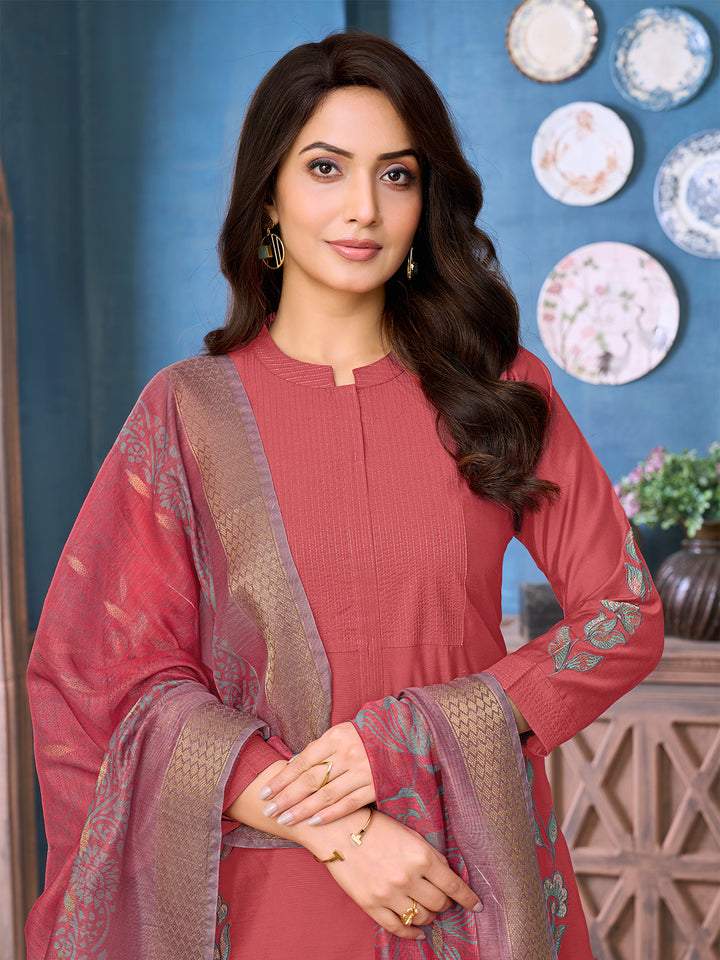 Coral Chanderi Suit Set with Dupatta