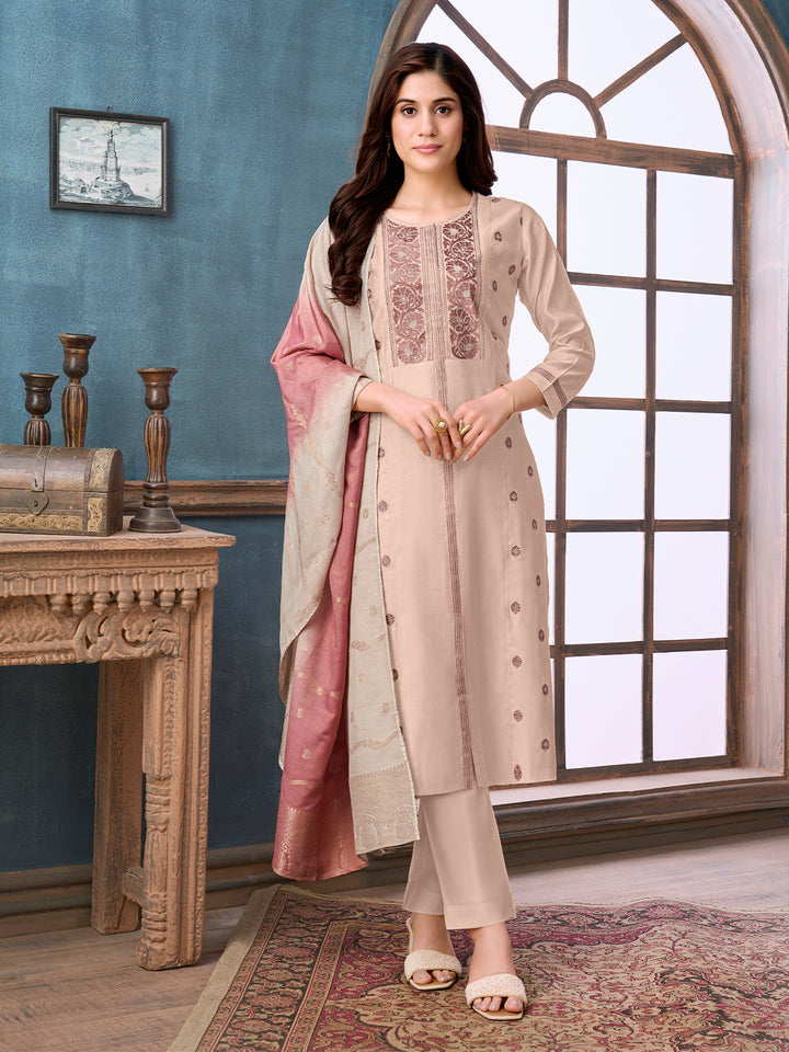 Beige Chanderi Suit Set with Dupatta