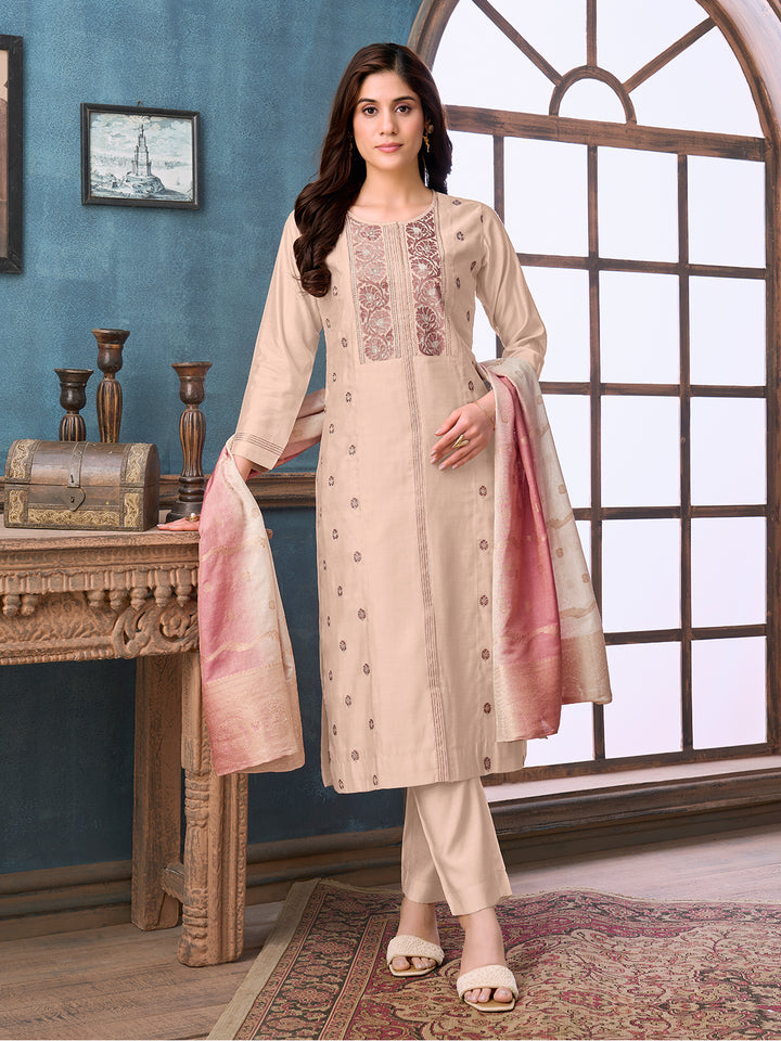 Beige Chanderi Suit Set with Dupatta