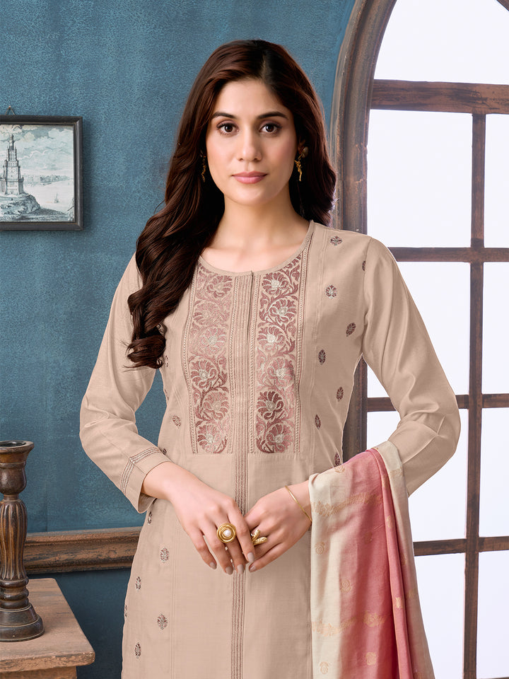 Beige Chanderi Suit Set with Dupatta