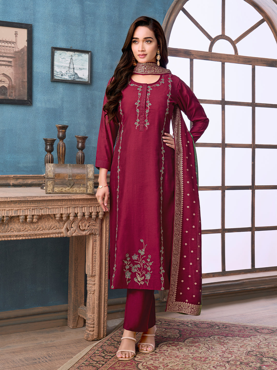 Wine Chanderi Suit Set with Dupatta