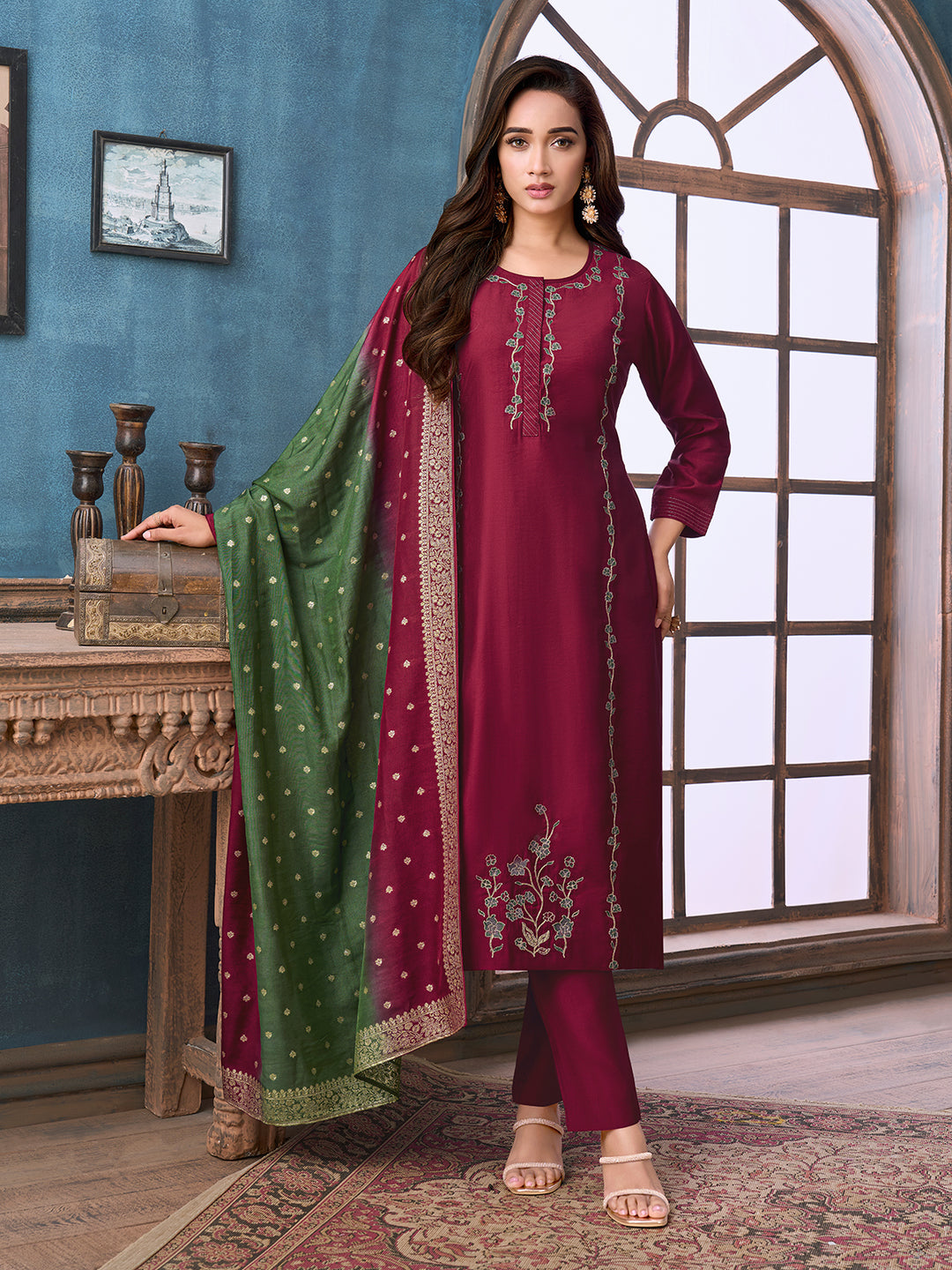 Wine Chanderi Suit Set with Dupatta