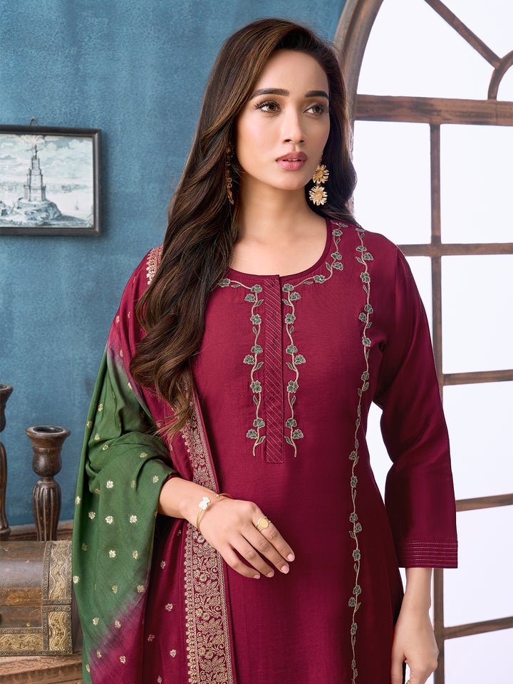Wine Chanderi Suit Set with Dupatta