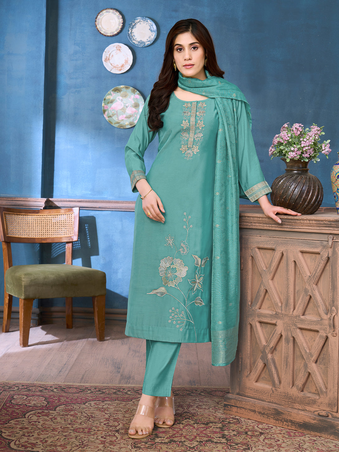 Blue Chanderi Suit Set with Dupatta