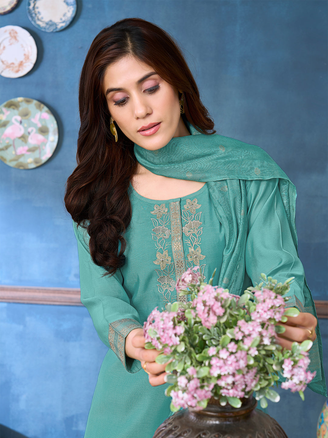Blue Chanderi Suit Set with Dupatta