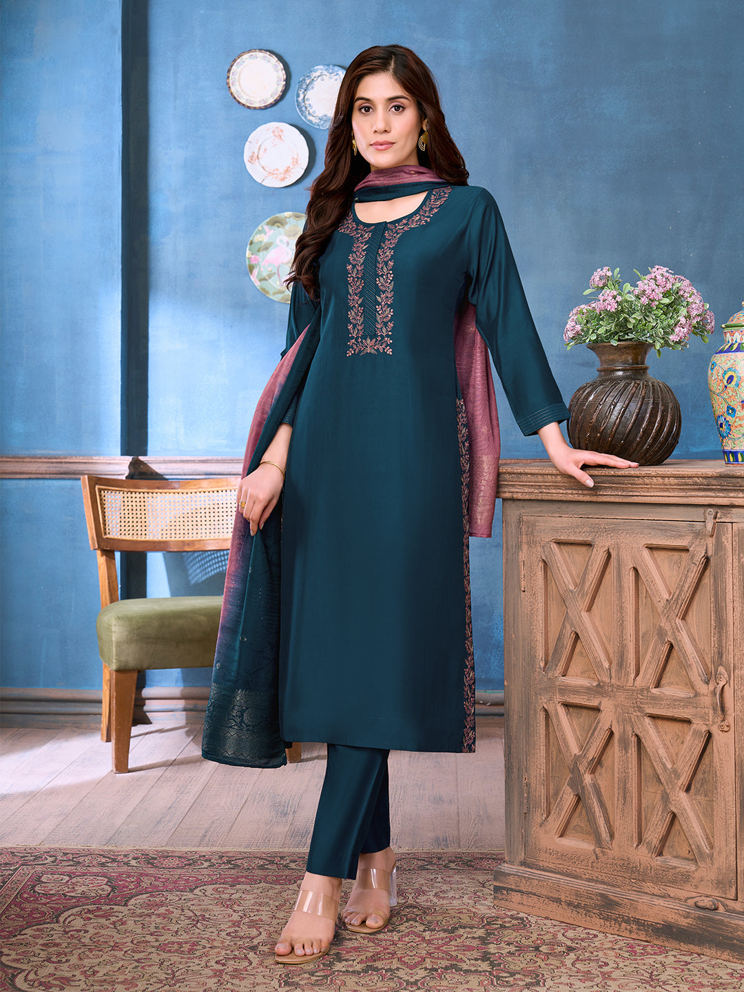 Deep Teal Chanderi Suit Set with Dupatta