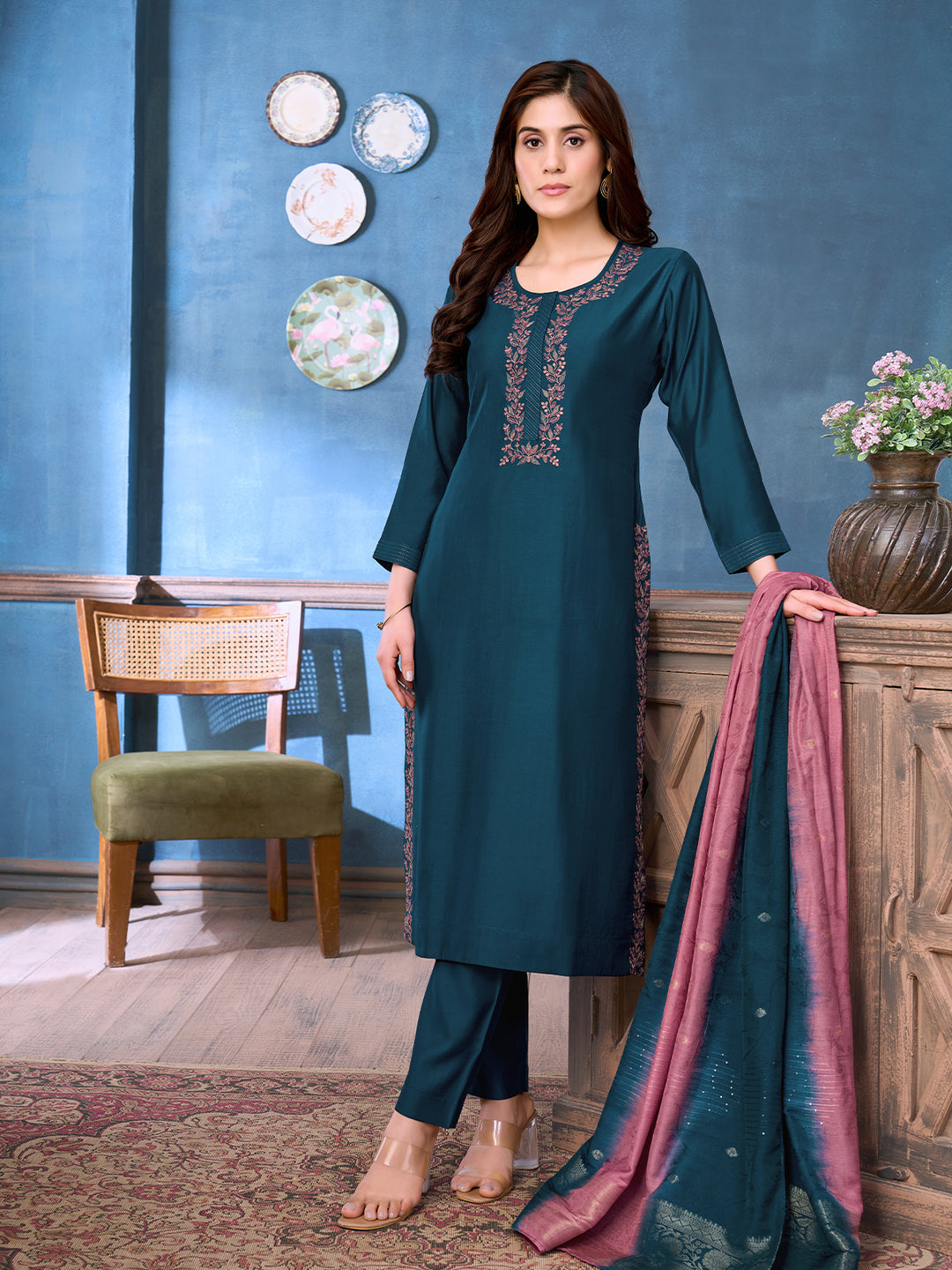 Deep Teal Chanderi Suit Set with Dupatta