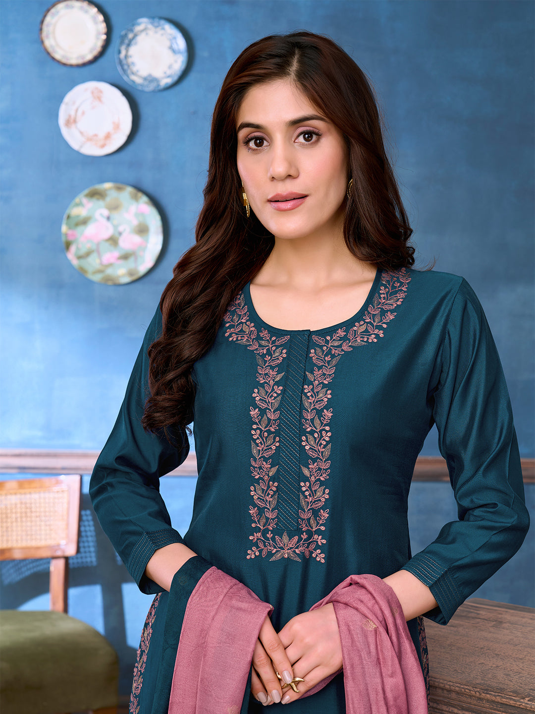 Deep Teal Chanderi Suit Set with Dupatta