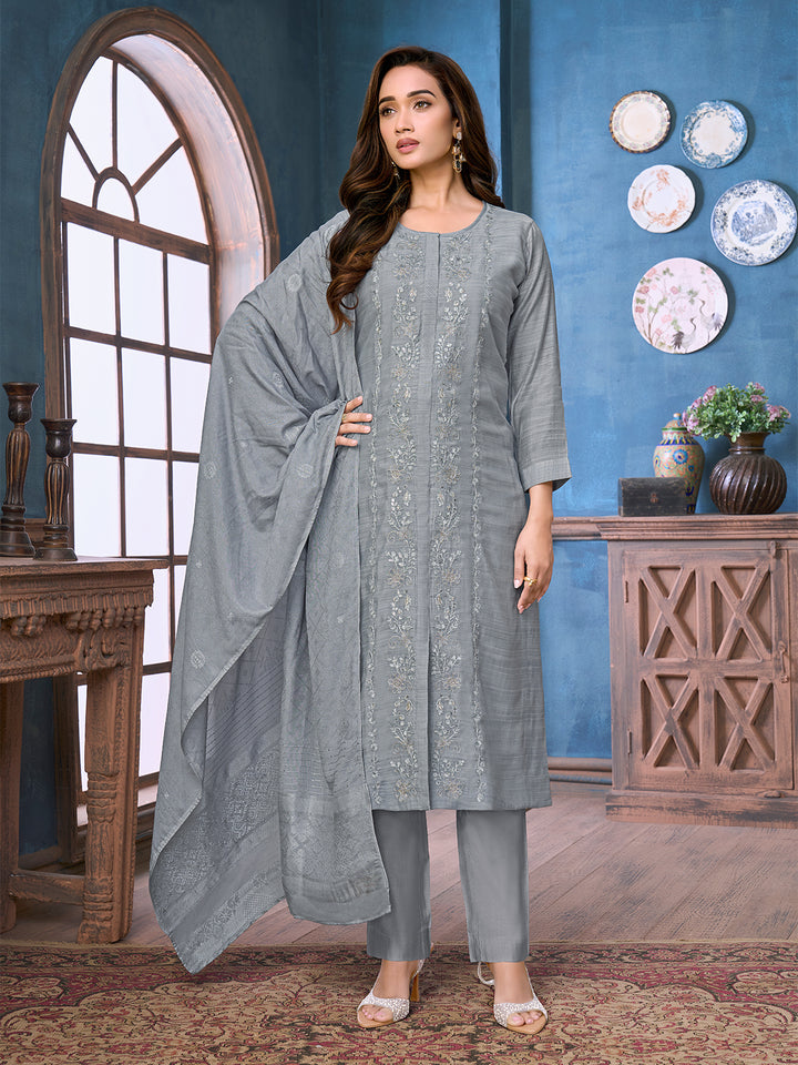 Grey Chanderi Suit Set with Dupatta