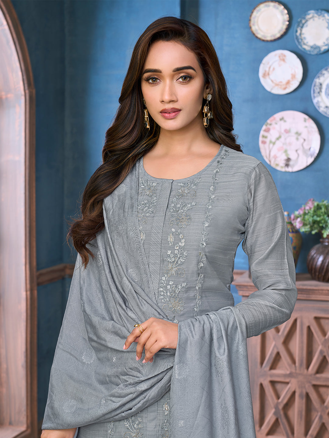 Grey Chanderi Suit Set with Dupatta