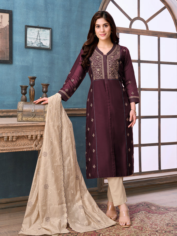 Deep Wine Chanderi Suit Set with Dupatta