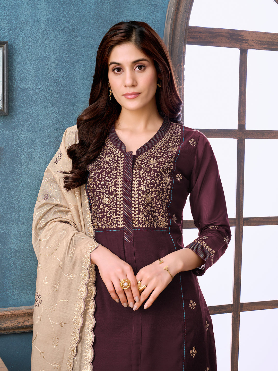 Deep Wine Chanderi Suit Set with Dupatta