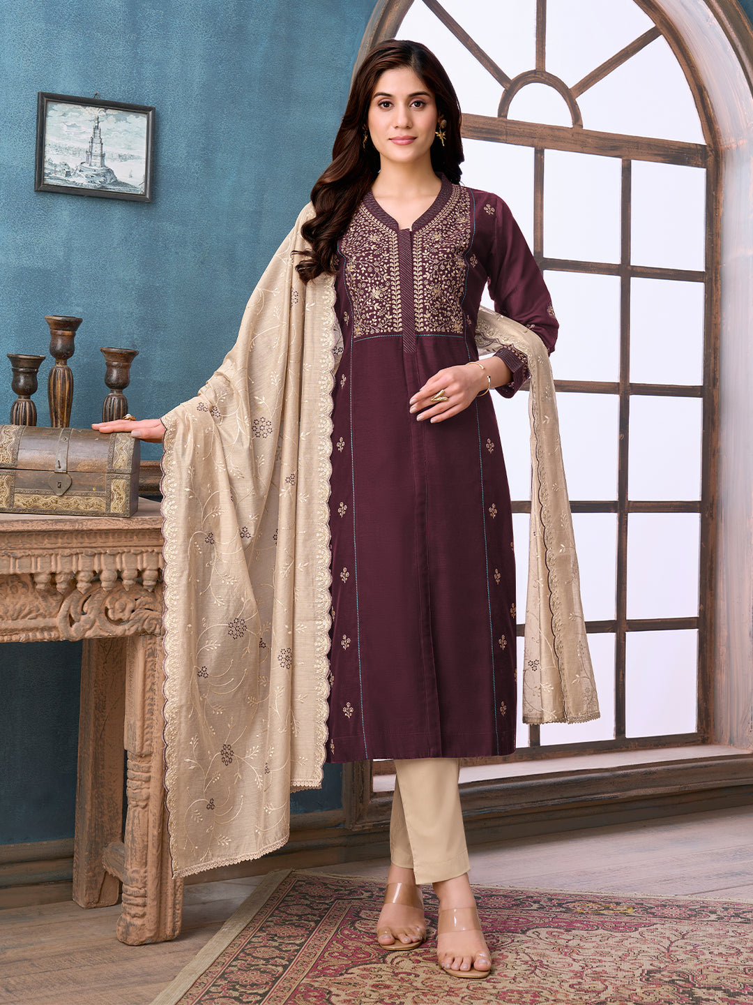 Deep Wine Chanderi Suit Set with Dupatta