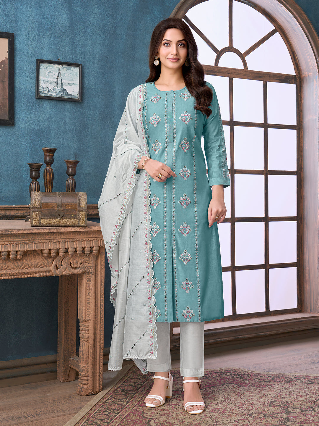 Aqua Blue Chanderi Suit Set with Dupatta