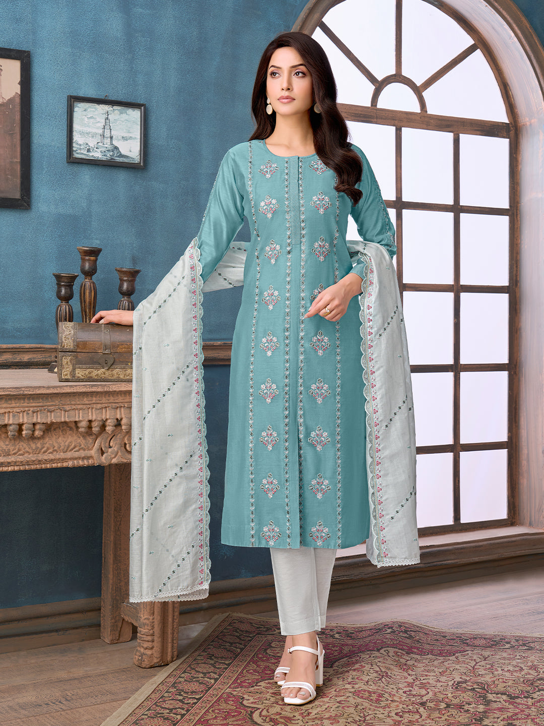 Aqua Blue Chanderi Suit Set with Dupatta