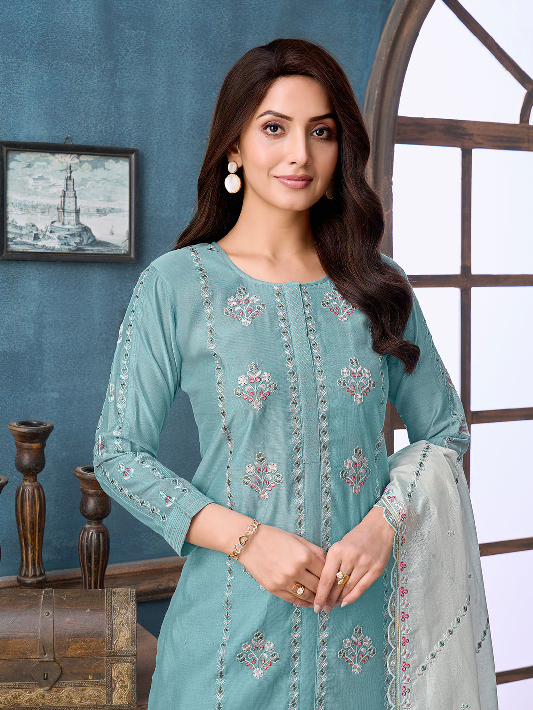 Aqua Blue Chanderi Suit Set with Dupatta