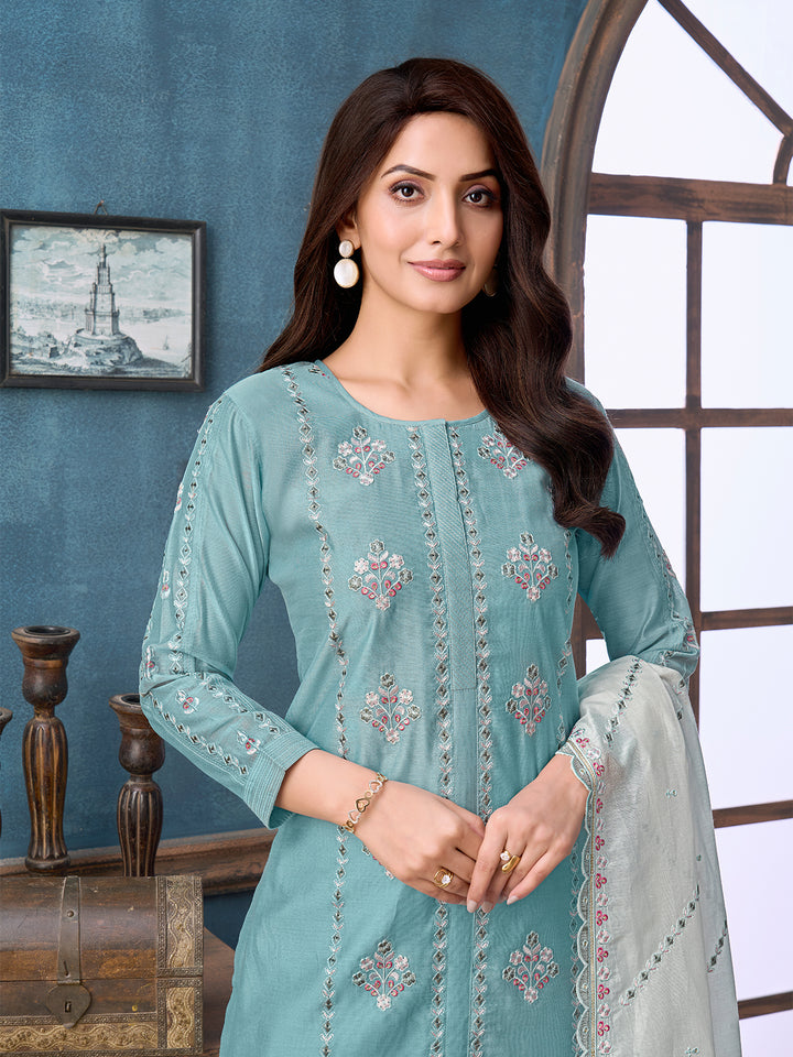 Aqua Blue Chanderi Suit Set with Dupatta