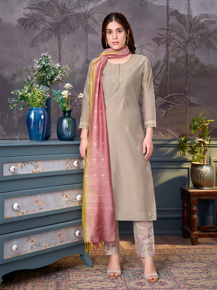 Warm Grey Chanderi Suit Set with Dupatta