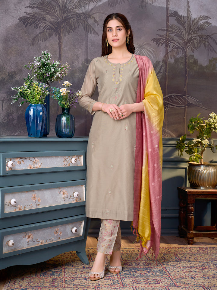 Warm Grey Chanderi Suit Set with Dupatta