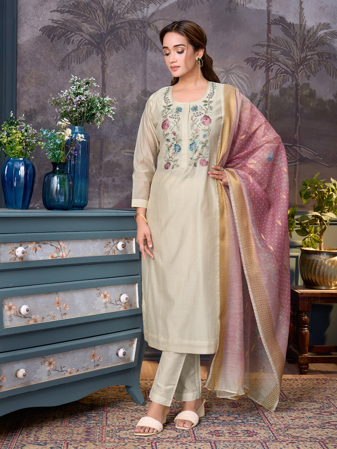 Ivory Chanderi Suit Set with Dupatta