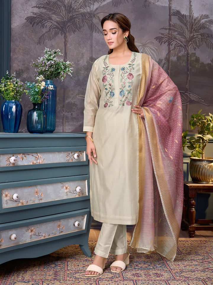 Ivory Chanderi Suit Set with Dupatta