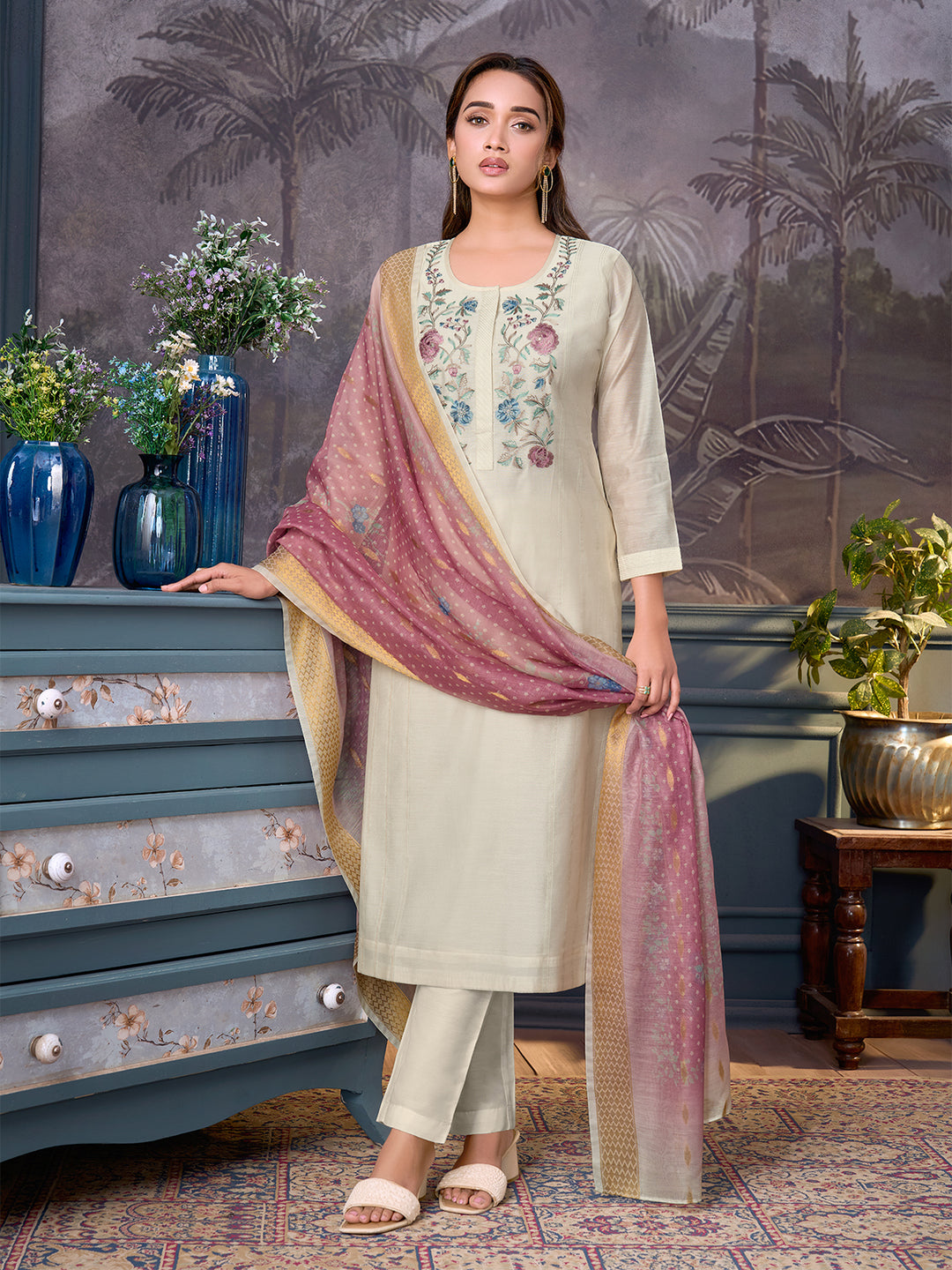 Ivory Chanderi Suit Set with Dupatta