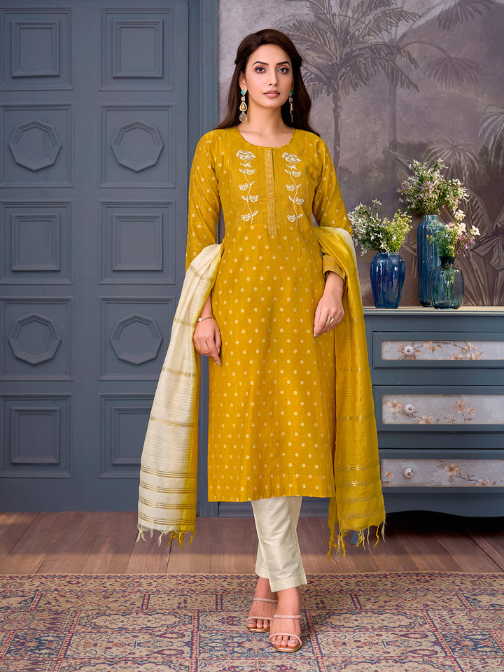 Mustard Yellow Chanderi Suit Set with Dupatta