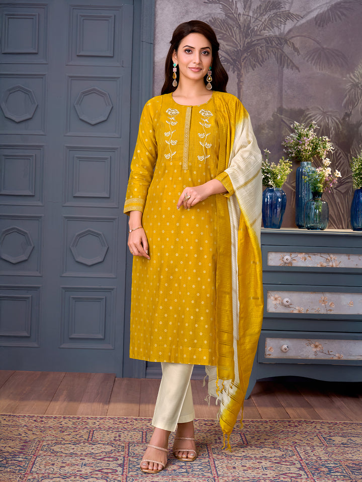 Mustard Yellow Chanderi Suit Set with Dupatta