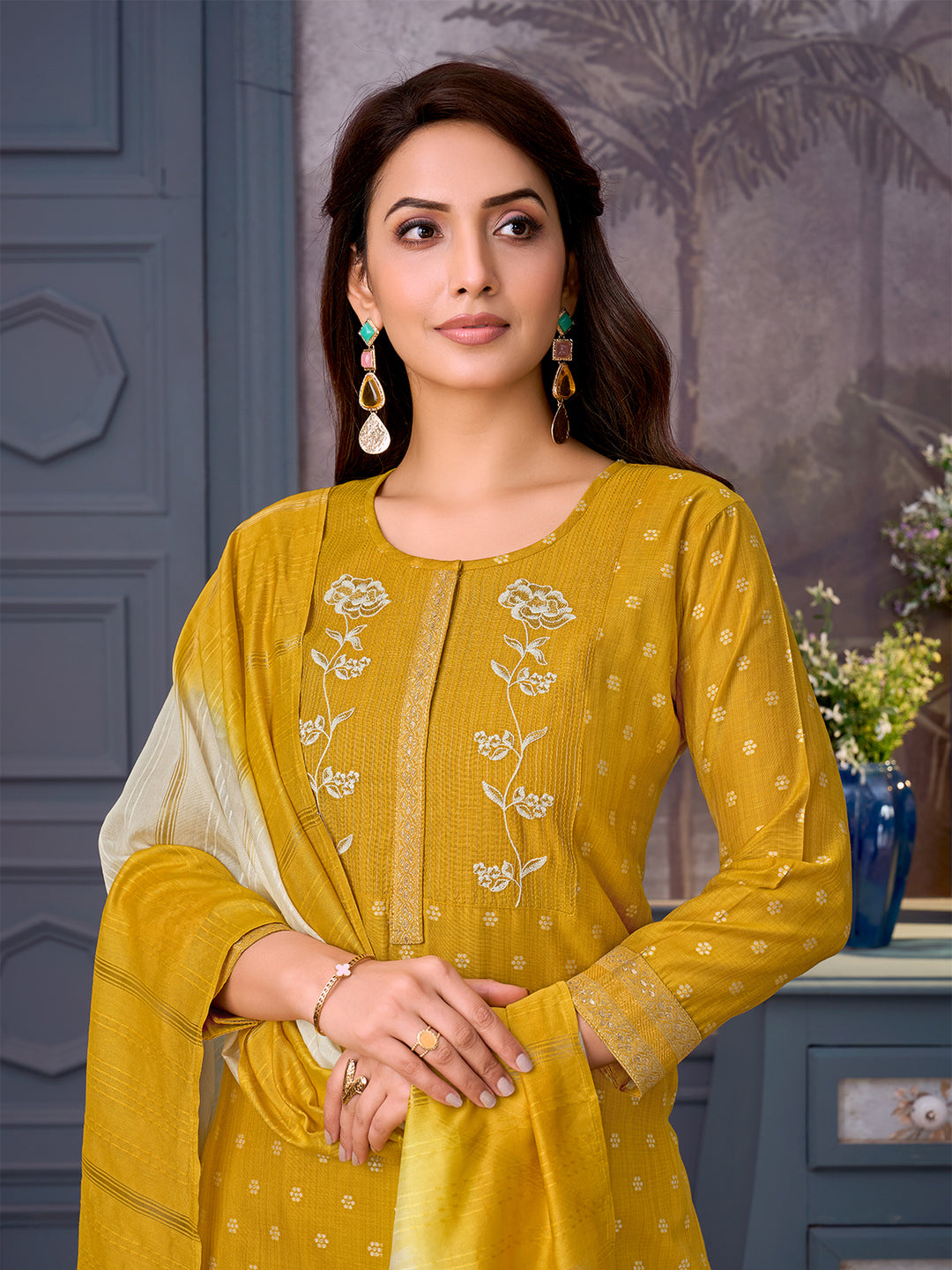 Mustard Yellow Chanderi Suit Set with Dupatta