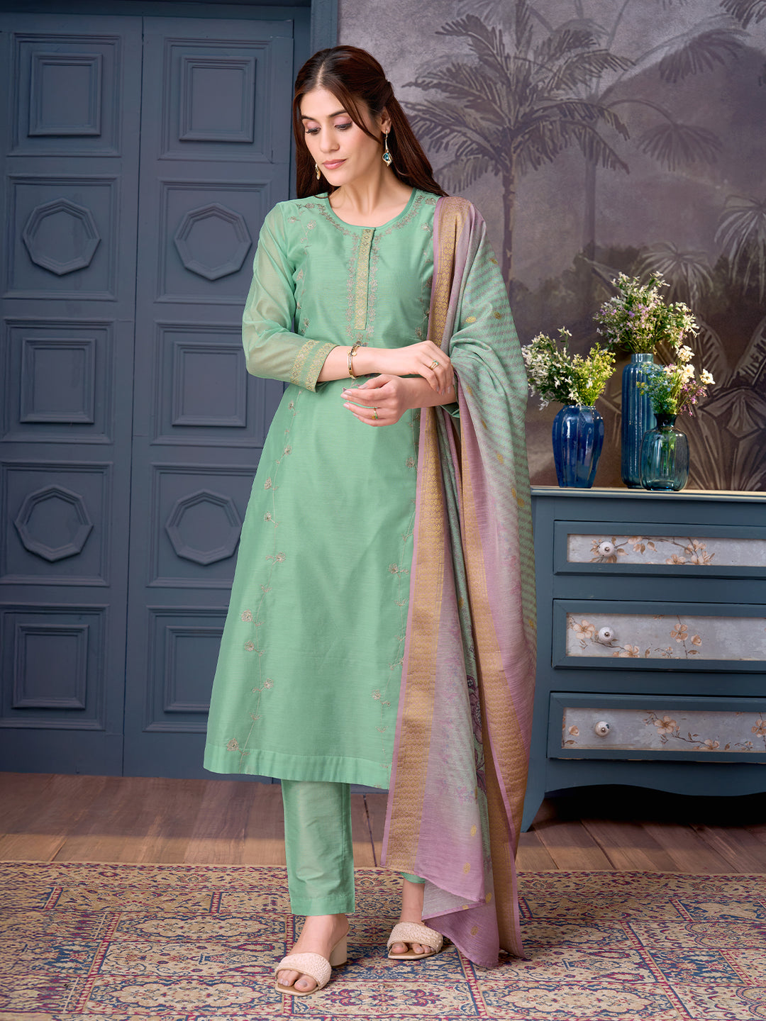 Mint Chanderi Suit Set with Dupatta