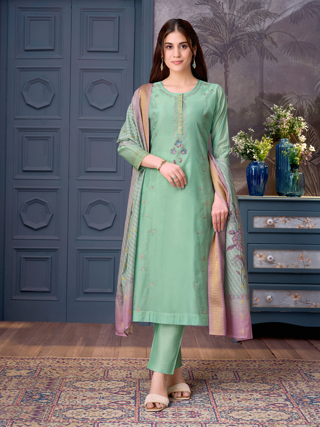 Mint Chanderi Suit Set with Dupatta