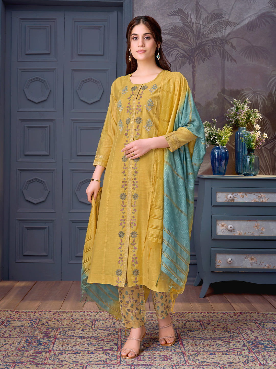 Yellow Chanderi Suit Set with Dupatta