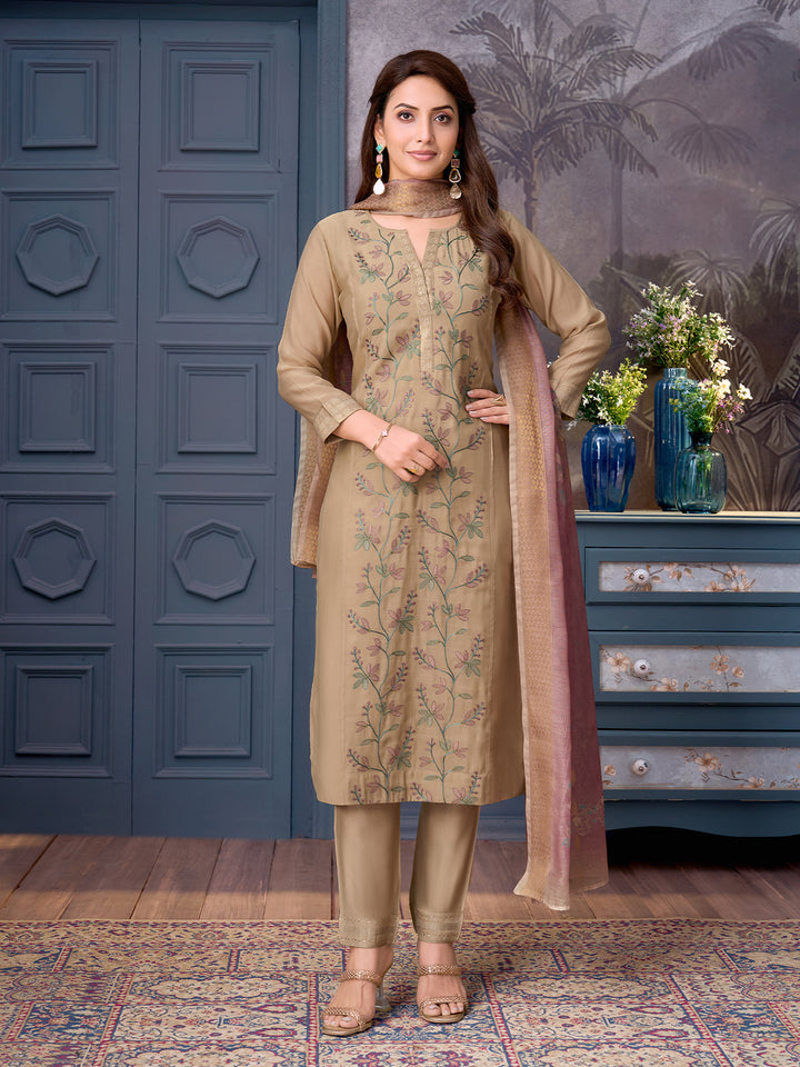Warm Beige Chanderi Suit Set with Dupatta