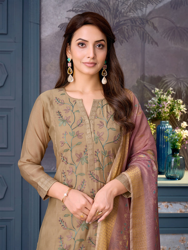Warm Beige Chanderi Suit Set with Dupatta