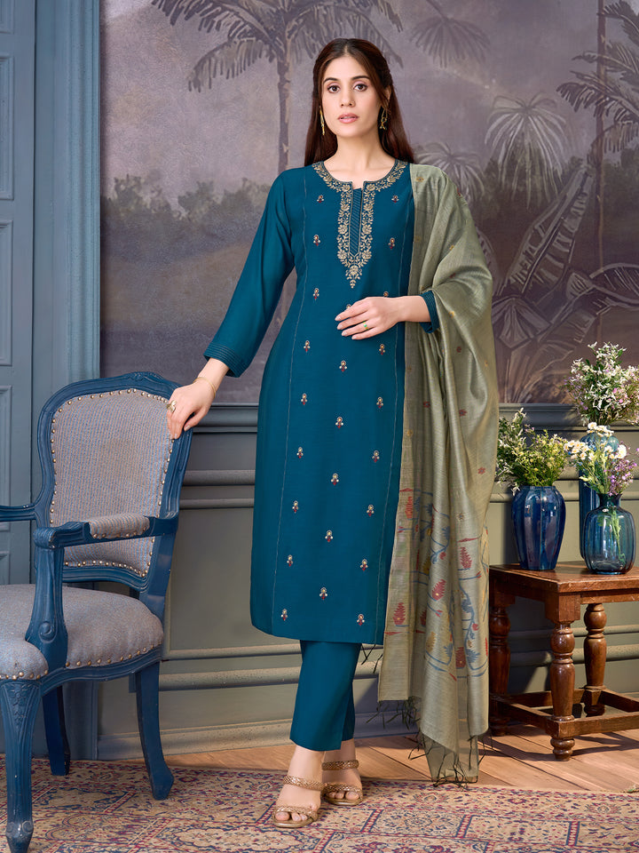 Blue Chanderi Suit Set with Dupatta