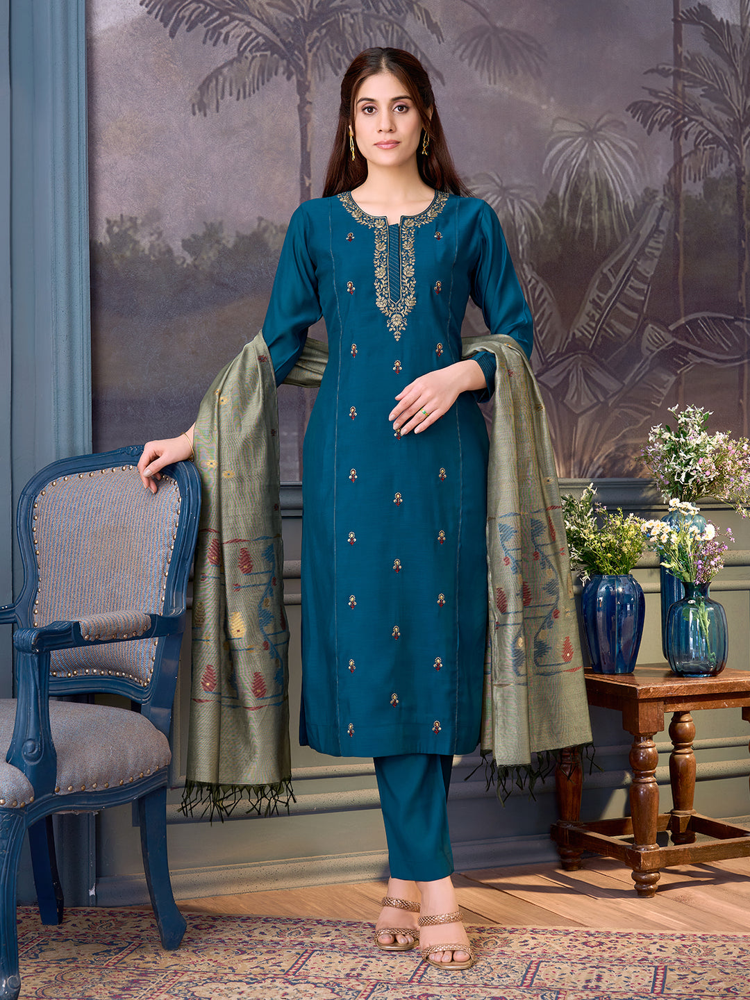 Blue Chanderi Suit Set with Dupatta