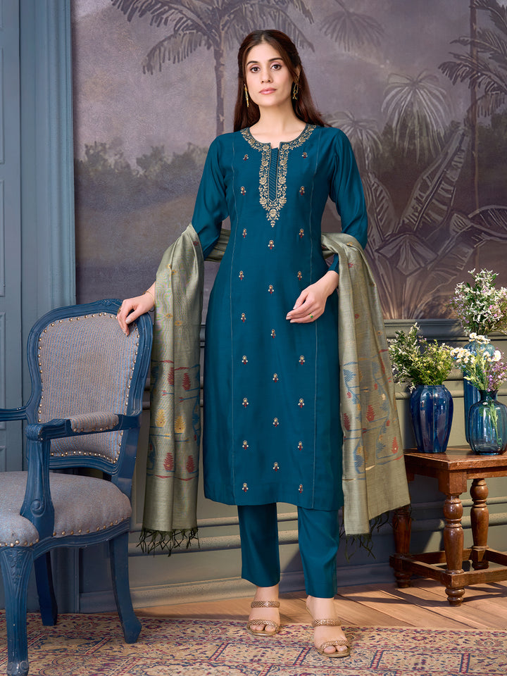Blue Chanderi Suit Set with Dupatta
