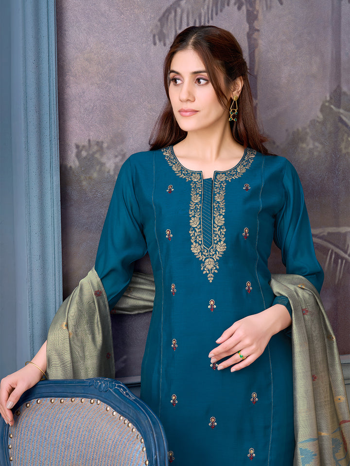 Blue Chanderi Suit Set with Dupatta
