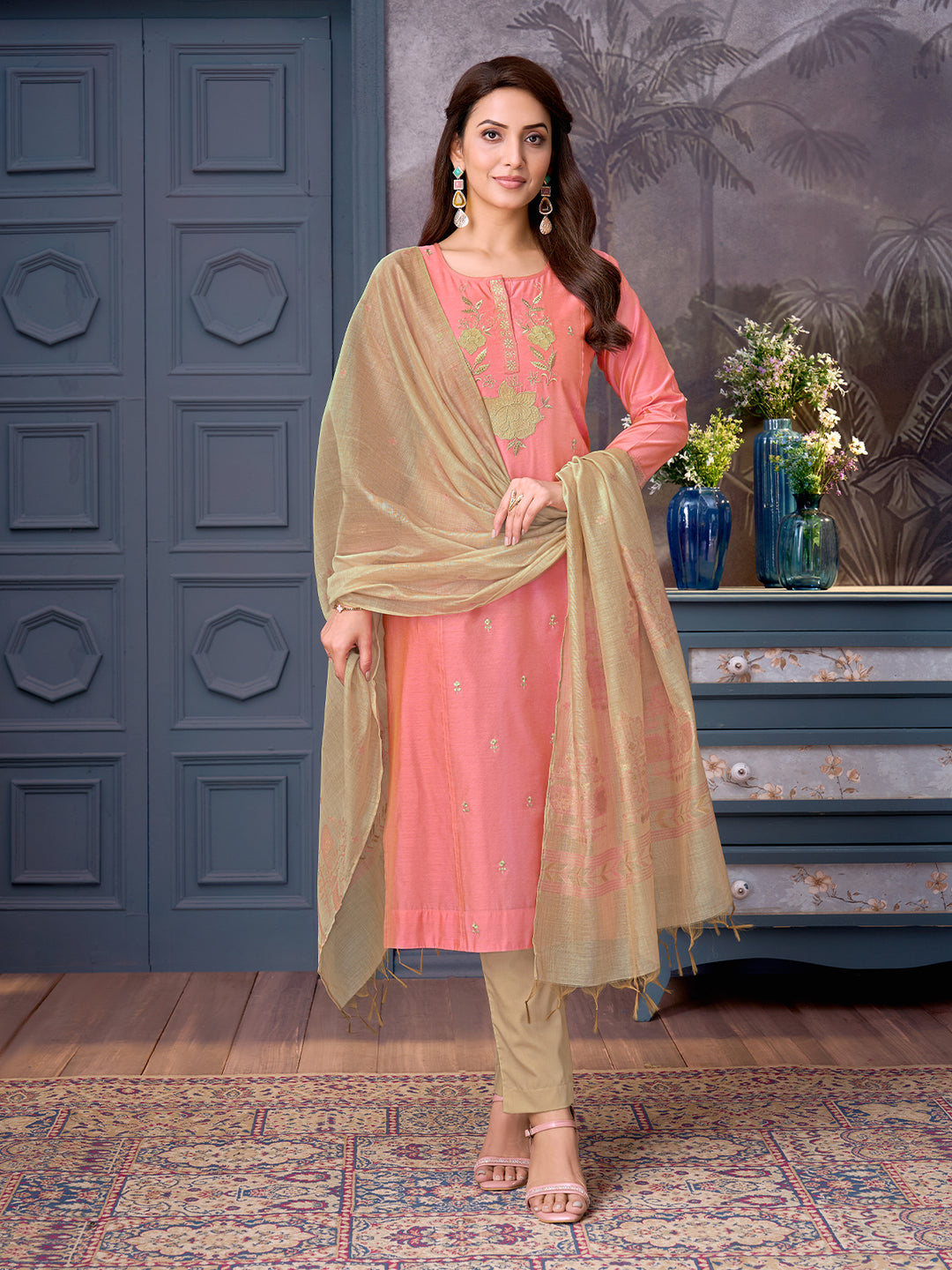 Coral Chanderi Suit Set with Dupatta