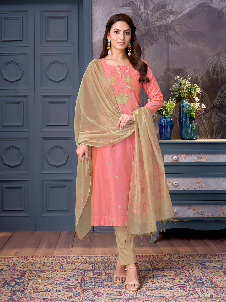 Coral Chanderi Suit Set with Dupatta