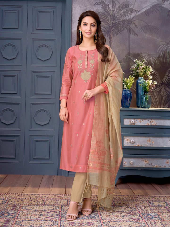 Coral Chanderi Suit Set with Dupatta