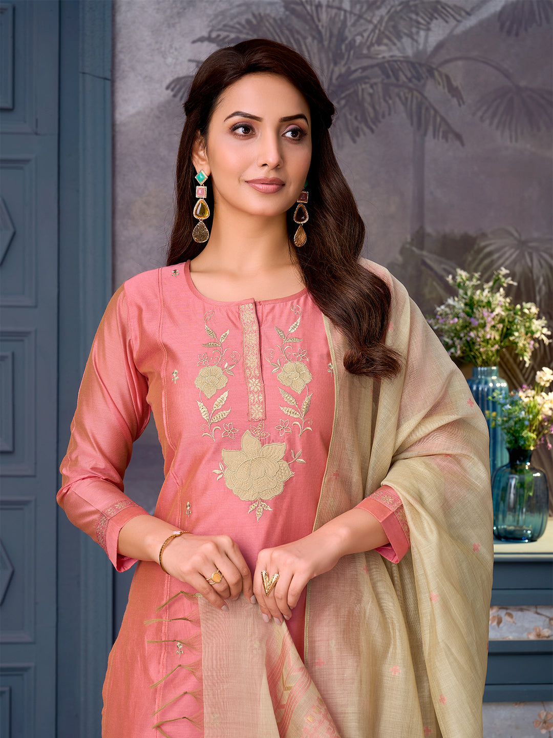 Coral Chanderi Suit Set with Dupatta